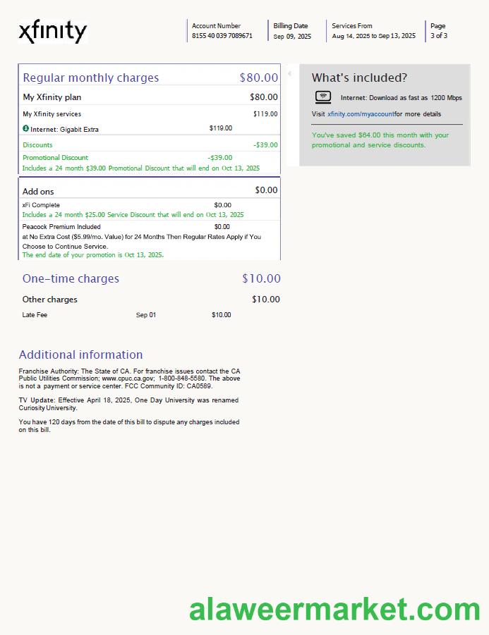 USA Xfinity utility bill template in Word and PDF formats, 3 pages, version 3, 3rd page